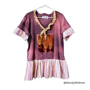 Womens Upcycled Tunic Top.  Brown and gold. Vintage lace trim. size XL.